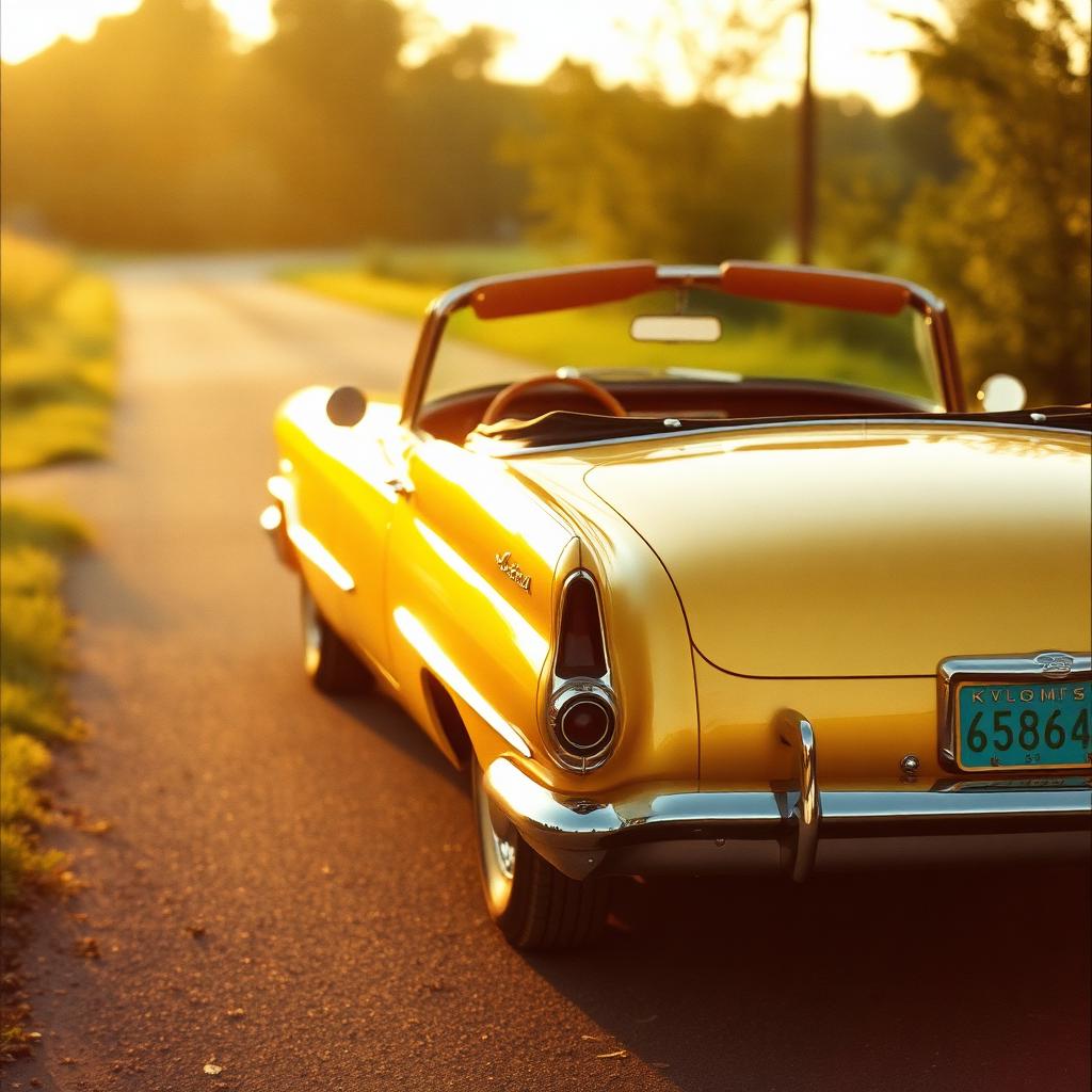 A gold convertible on a country road at sunset