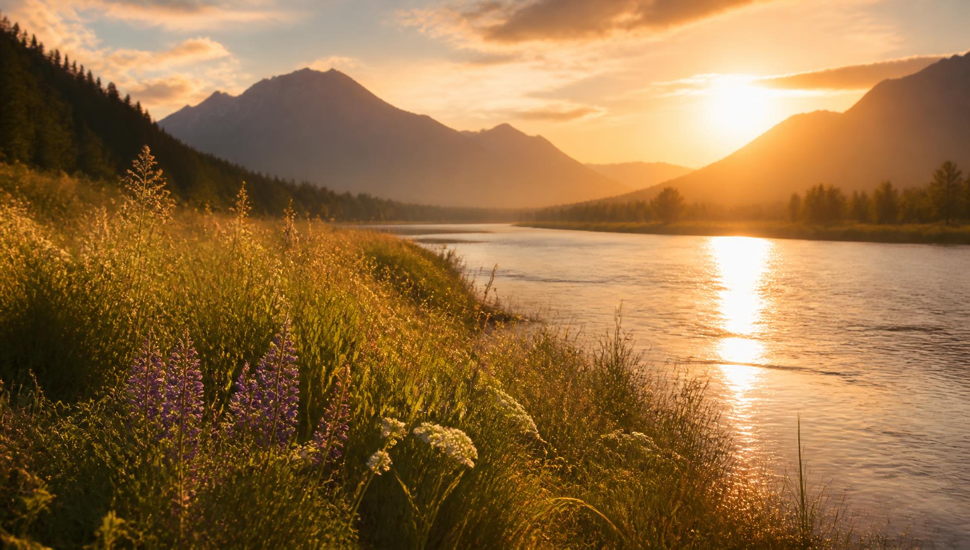Golden evening light over a mountain river lined with wildflowers