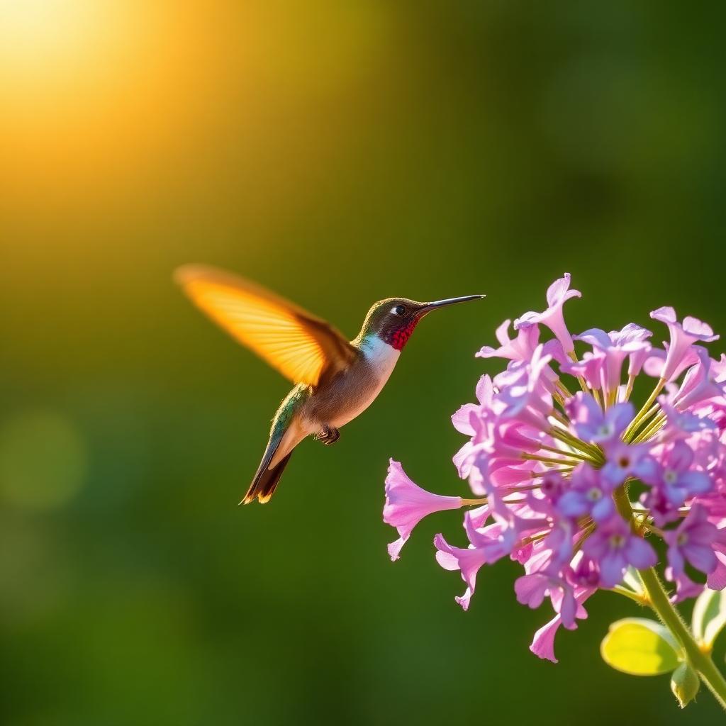 A hummingbird at lilac blossoms in golden light